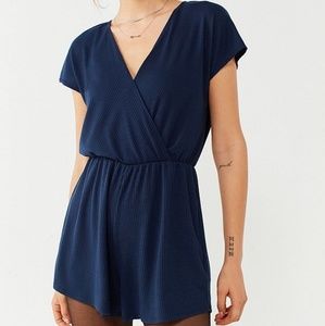 UO Ecote Blue Ribbed Surplice Romper